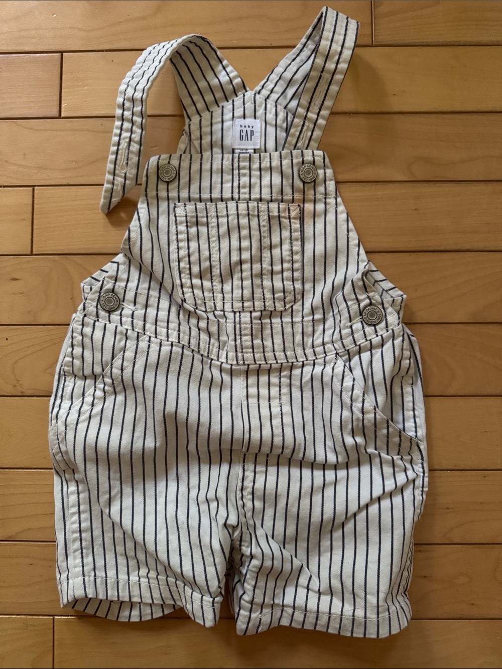 GAP White Overalls with Navy Vertical Stripes.